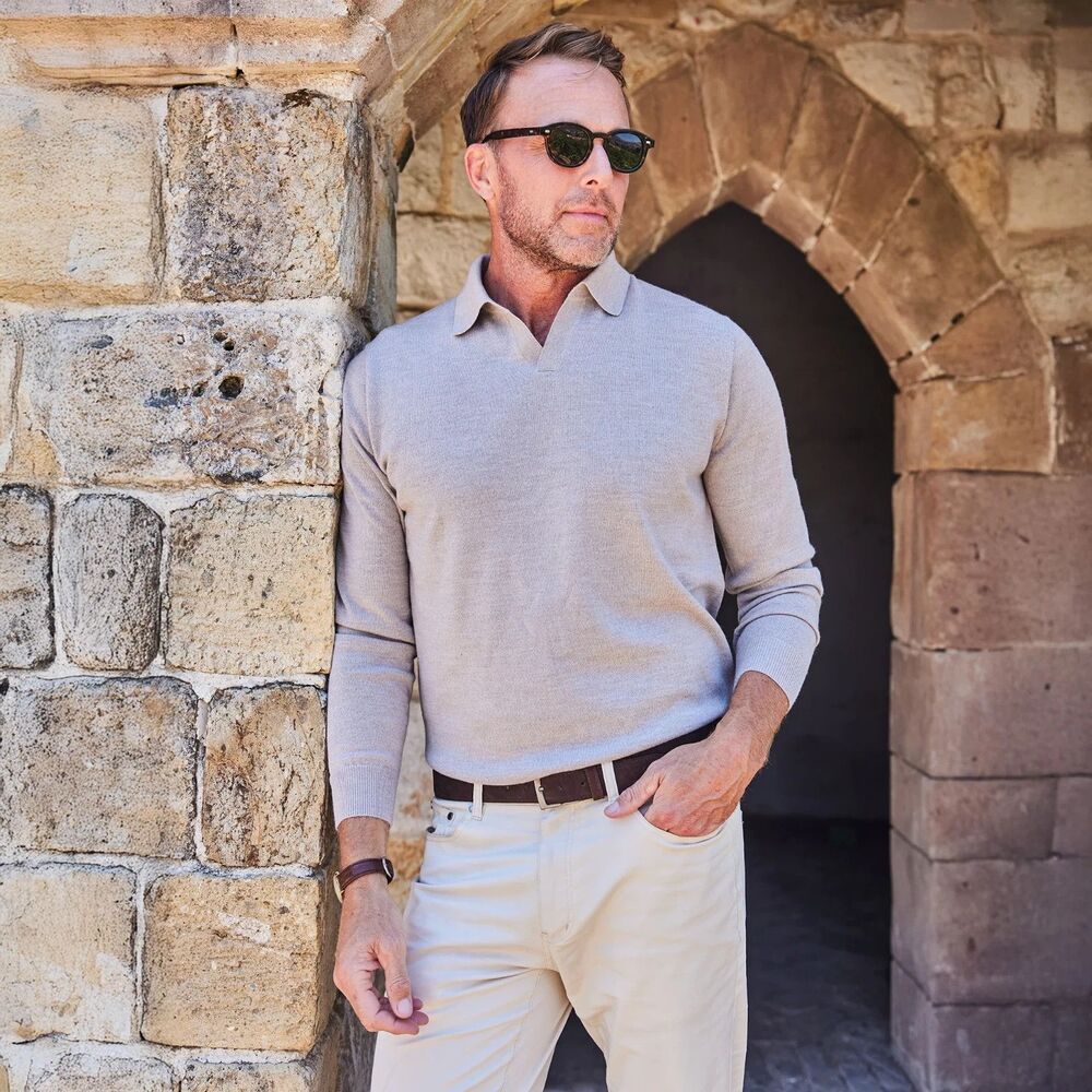 Collars & Co Polo Sweater Mens 2XL Bellagio Buttonless Merino Wool Oatmeal NWT